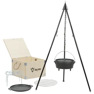 BBQ-Toro Dutch Oven Set 6-teilig mit Holzkiste | Schwarz | Rundes Gusseisen Kochgeschirr Set mit 6 QT, Pfanne, Grillrost, Untersetzer & Dreibein | Outdoor Kochset, Dreibein Kessel, Grillpfanne
