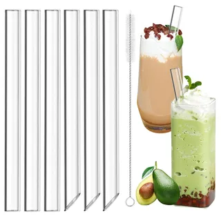 6 Stück Bubble Tea Strohhalme,14 mm×21,5 cm Glas Strohhalm Wiederverwendbar | Boba Strohhalme mit 1 Reinigungsbürste, Extra Breite Trinkhalme Glas, Glasstrohhalme für Bubble Tea, Smoothie, Cocktail