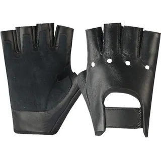 Long Keeper Fingerlose Echtes Leder Handschuhe für Herren,Motorrad Ungefütterte Half Finger Fahrhandschuhe (Schwarz)