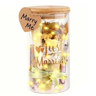 LED Flaschenlicht Hochzeit, Hochzeitsgeschenke für Brautpaar, Hochzeitsgeschenk Geld mit Trockenblumen, Anhänger und Mit LED-Leuchte, 2 Modi, Just Married Hochzeit Spardose
