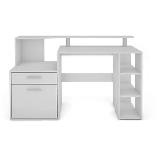 byLIVING Schreibtisch LOUIS / großer Computertisch in weiß / viel Stauraum / 1 Tür + 1 Schubkasten + 3 offenen Fächern / XXL-Tisch / Arbeitstisch / Bürotisch / 140 x 89 x 55 cm (BxHxT)