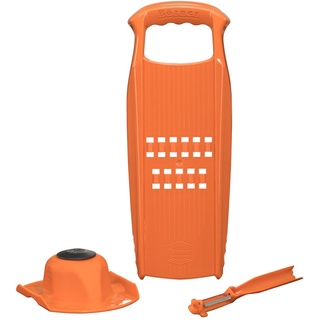 Börner Rösti PowerLine Reibe Set (3-tlg.) • Gemüsereibe + Fruchthalter + Sparschäler • Gemüsehobel für Rösti, Zucchinipuffer, Kartoffelpuffer • Kartoffel Küchenhobel • Farbe: Orange