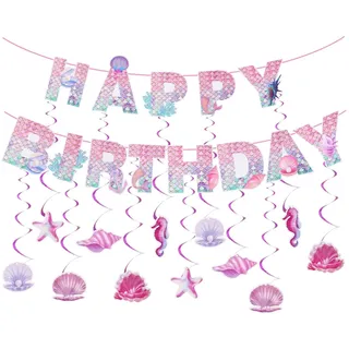 Meerjungfrau Deko Geburtstag,Happy Birthday Girlande Rosa,mit 12 Thematischen Muschel Hanging Spinning,Zubehör für Kindergeburtstagspartys,Mädchengeburtstagsparty,Fantasie Ozean Party Dekoration