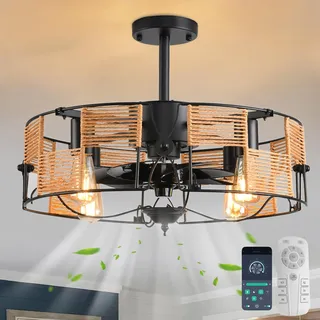 Ganeed Deckenventilatoren mit Lichtern Industriestil Bauernhaus 49cm Kronleuchter Boho Rattan Käfig Lampe Hängende Pendelleuchte E27 mit Fernbedienung Schwarz 4 Lichter