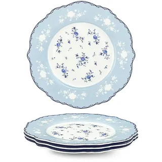 fanquare Porzellan Dessertteller 4er Set Ø 208 mm Blau und Weiß Frühstücksteller mit Goldrand, Königlich Vintage Tafelservice für Küche