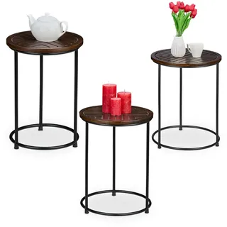 Relaxdays Satztisch Braun Schwarz rund 3er-Set , Holz, Metall , Mangoholz , 41x53x41 cm , Wohnzimmer, Wohnzimmertische, Beistelltische