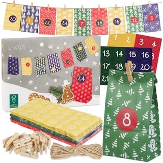 LIVAIA Adventskalender Selber Befüllen 2024 - DIY Adventskalender für Frauen, Männer, Kinder - Papiertüten klein, Zahlen Aufkleber, Jute Band, Anhänger - Adventskalender 2024 Basteln Set