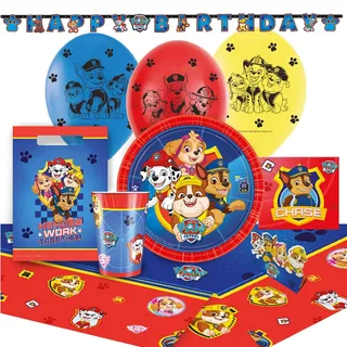 Amscan 9050 0364 - Partyset Paw Patrol, 8 Teller, 8 Becher, 16 Servietten, Tischdecke, 8 Beutel, Girlande, 8 Einladungen/Umschlag, 6 Latexballons