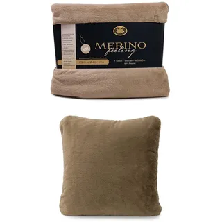 Gözze Wendewohndecke Merino und 2er Set Merino-Kissenhülle, 220x240 cm + 50x50 cm, Farbe: Taupe