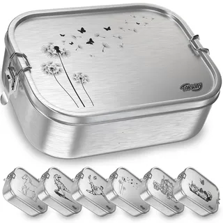 TAKWAY Edelstahl Brotdose mit Fächern 800ml – Auslaufsichere Lunchbox für Kinder & Erwachsene, Bento Box mit flexibler Unterteilung, für Kindergarten, Schule & unterwegs (Pusteblume, 3-Fächer)