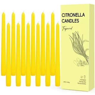 12PCS Stabkerzen, Citronella Spitzkerzen aus Natürlichem Sojawachs | Kerzen Lange brenndauer bis zu 96 Stunden, Duftkerze mit Zitronengrasduft, Ideal für Hochzeiten, Feste, Terrasse, Picknick