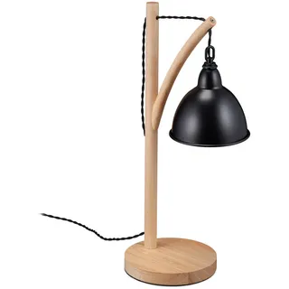 Relaxdays Tischlampe, hängender Metallschirm, Holz, E14, HBT 52 x 18 x 26 cm, Industrial Style, Nachttischlampe, schwarz