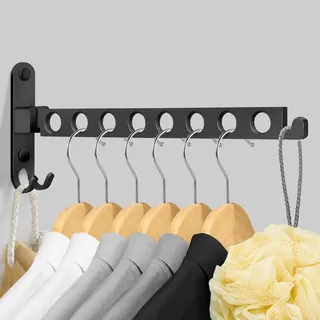 TINIFO Kleiderhaken Klappbar Wandmontage, Kleiderlüfter Klappbar Wand Kleiderständer Wäschestange für Balkon, Badezimmer, Waschküche und Schlafzimmer (Schwarz 8 Löcher)