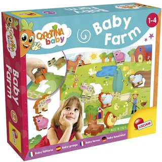 Lisciani - Carotina Baby - Bauernhof-Puzzle mit 3D-Tieren ab 1 Jahr | Bodenpuzzle - 18 Teile, 6 Tierfiguren und 6 Papptiere zum Aufstellen - Format 70 x 50 cm - Eigene Geschichten erfinden