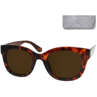Lesesonnenbrille Damen Retro Dicker mit großen Gläsern und Schutzetui | UV400, getönte Gläser und markanter Oversize-Rahmen; Schwarz mit Etui, Braun gemustert mit Filzetui.