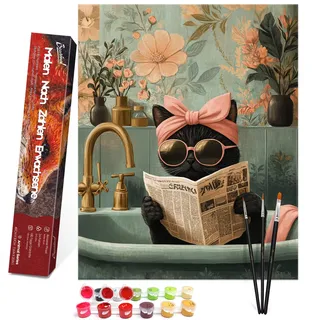 Bougimal Malen Nach Zahlen Erwachsene Tiere Ohen Rahmen inklusive Pinsel und Acrylfarben - 40 x 50 cm, Lesende Katze 2