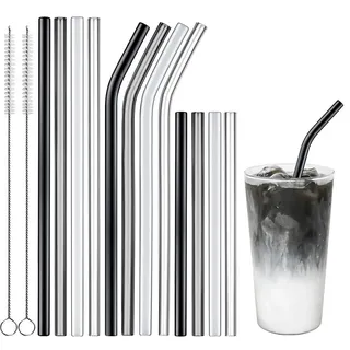 ecooe 12 Stück Glasstrohalme Wiederverwendbar Trinkhalme Glasröhrchen | 4 Lange+4 Kurze Gerade Strohhalme und 4 Gebogene Cocktail Strohhalme mit 2 Reinigungsbürsten, für Säfte Smoothie und Milch