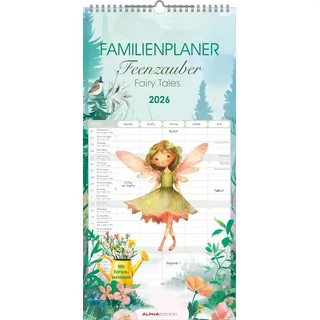 Neumann Alpha Edition - Familienplaner Feenzauber 2026 – Familienkalender 22×45 cm mit 5 Spalten & zauberhaften Feenmotiven, praktischer Wandkalender für Familien zur Terminorganisation