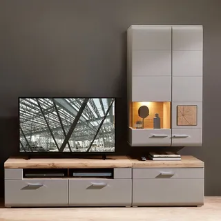 Wohnwand FARO-36 in basalt mit Absetzungen in Eiche Hirnholz Nb. und LED Beleuchtung, B/H/T: ca. 220/205/47 cm - Beige
