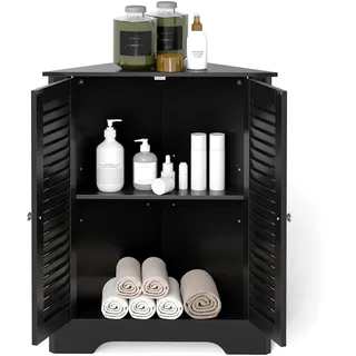 FANTASK Badezimmerschrank Holz, 45 x 45 x 81,5 cm, Aufbewahrungsschrank Ecke mit verstellbarem Einlegeböden, Eckschrank Bad mit 2 Lamellentür für Badezimmer, Küche, Wohnzimmer (Schwarz)