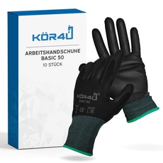 kör4u 10 Paar Arbeitshandschuhe Basic, atmungsaktiv und beschichtet, als Schutzhandschuhe, Gartenhandschuhe Damen und Mechaniker Handschuhe geeignet, mit hochwertiger PU-Beschichtung, dünn und leicht