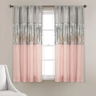 Lush Decor Night Sky Fenstervorhang, Einzelbahn, schicke, zweifarbige Pailletten, glamouröses Funkeln und modernes Farbblock-Design, 106,7 x 160 cm (B x L), Grau und Blush