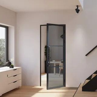 Schulte Zimmertür Komplettset, 834x1972 mm, DIN Rechts, Glastür Grau mit Beschlag und Zarge aus Stahl schwarz, Drehtür mit Griffstange - Schwarz