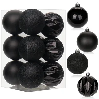 8CM Weihnachtskugeln Ornamente Glitze, 12 PCS bruchsicher Weihnachten Kugeln, Kunststoff Weihnachten Kugeln, Hängen Christbaumkugel Schwarz fur Weihnachtsbaum Neujahr Ornamente