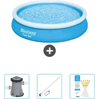 Bestway runder aufblasbarer Fast-Set-Pool – 366 x 76 cm – Blau – im Lieferumfang enthalten Pumpe - Reinigungskit - Teststreifen - Blau