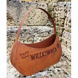 Edelrost Handtasche 32x33cm Tasche zum Bepflanzen Willkommen mit Blume und Schmetterling Rost Pflanztasche Blumentopf Windlicht Edelrost Gartendeko