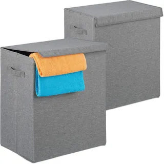Relaxdays Wäschekorb 2er Set, faltbare Wäschesammler mit Deckel, tragbar, Wäschetruhe 61 L, 50,5 x 45 x 30,5 cm, grau