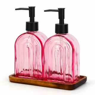 Topsky Glas Seifenspender Set 2 Stück 400 ml mit Holz-Tablett