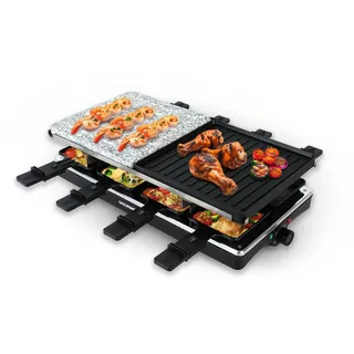 GOURMETmaxx 2-in-1 Raclette Set 8 Personen | Raclette mit Steinplatte und Aluminiumplatte inkl. 8 Pfännchen & Schabern | Raclette-Kombination mit Temperaturregelung | Elektrischer Grill