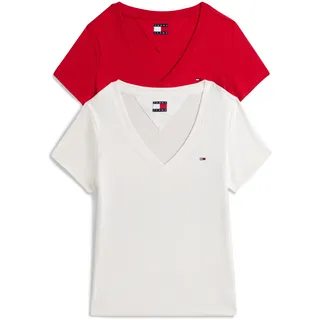 T-Shirt TOMMY JEANS "TJW 2PACK V-NECK TEE", Damen, Gr. XS (34), beige (ecru, sapphire rot), Jersey, Obermaterial: 100% Baumwolle, gestreift, regular fit hüftlang, V-Ausschnitt, abgesteppt, Shirts T-Shirt, mit Logostickerei