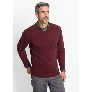 Strickpullover BONPRIX "Feinstrickpullover in Regular Fit", Herren, Gr. 56/58 (XL), rot (ahornrot), Strick, Obermaterial: 70% Baumwolle, 30% Polyamid, unifarben, regular fit hüftlang, V-Ausschnitt, Strickbündchen, Pullover Strickpullover, aus Feinstrickmaterial, mit V-Ausschnitt, Regular Fit