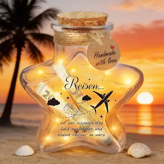 Giftota Originelle Geldgeschenk Reisen, LED Flaschenlicht Sternform mit Korken, Flitterwochen und Urlaub, Weltreise, Flugzeug Geschenk, Urlaubskasse Spardose, Reisen Geschenke für Frauen und Männer