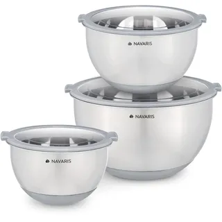Navaris Edelstahl Schüssel Schale mit Deckel - 3-teiliges Set Rührschüssel Salatschüssel - Edelstahlschüssel Schüsselset Behälter in Grau