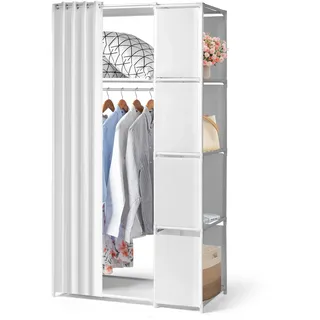 LEADZM Kleiderschrank offen mit Vorhang, Kleiderständer 88 x 44 x 162 cm | 5 Fächern freistehende Garderobe mit Kleiderstangen, Stoffablagen, Metallrahmen