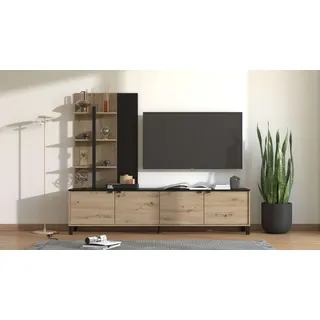 Home Affaire Wohnwand HOME AFFAIRE "Margate inkl.TV-Board und Standregal", schwarz (artisan eiche, schwarz), B:208cm H:167cm T:40cm, Hartfaserplatte, MDF, Spanplatte, Kastenmöbel-Sets, Wohnwand, 208 cm, mit dekorativen schwarzen Streifen, metallgriffe