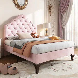 okwish Polsterbett 90*200cm, mit Lattenrost und Kopfteil, höhenverstellbares Kopfteil, Lattenroste aus Holz, einfache Montage, Samt, Pink - Rosa