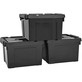 Aufbewahrungsboxen, Set mit 3 stapelbaren 40L Aufbewahrungsboxen aus schwarzem Kunststoff, ineinander schachtelbar, mit Deckel und Box-Clip, verriegelt, für Regale und Garage