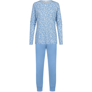 Schlafanzug MEY "Flower Meadow", Damen, Gr. 48, blau (blau silk), Single Jersey, Obermaterial: 100% Baumwolle, bequem 7/8-Länge, Rundhals, Homewear-Sets Schlafanzug, Baumwolle, floral, bequem, klassisch, Rundhals-Ausschnitt