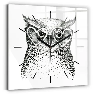 Wallfluent Wanduhr – Stilles Quarzuhrwerk - Uhr Dekoration Wohnzimmer Schlafzimmer Küche - Zifferblatt mit Striche - schwarze Zeiger - 30x30 cm - Gezeichnete Eule mit Brille - Schwarz