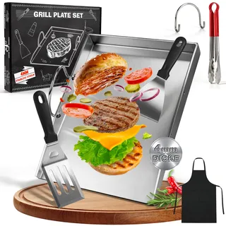 JONRRYIN Plancha Grillplatte Edelstahl [40 x 30cm], 4mm Massive Grillplatte Edelstahl mit Abnehmbarem Griff, Verzugsfreier Plancha Gasgrill mit Grillspachtel Set, Grillmatte für Gas- & Kohlegrill