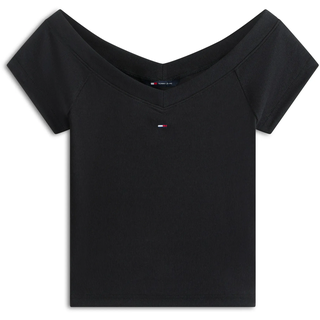 Kurzarmshirt TOMMY JEANS "TJW SLIM OFF SHOULDER RIB SS TOP", Damen, Gr. S (36), schwarz, Single Jersey, Obermaterial: 94% Baumwolle, 6% Elasthan, unifarben, slim fit taillenbedeckt, Carmenausschnitt, abgesteppte Kante, Shirts Kurzarmshirt, mit gerippter Struktur, schulterfrei