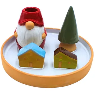 Kerzenhalter, Kerzenteller, Kerzenständer, Dekoteller, Stabkerzenhalter, Kerzenhalter-Weihnachten, Keramikteller mit Wichtel, Tannenbaum und Häusern aus Steingut, Bunt, L/B/H: 17 x 17 x 9cm.