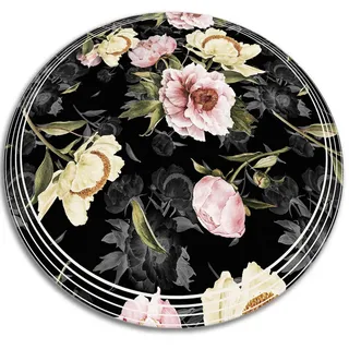 Tulup Vinyl Teppich Ø130 cm Rosen , Schwarz, Hellrosa , Kunststoff , Rund , 130x130 cm , Teppiche und Böden, Teppiche, Outdoorteppiche