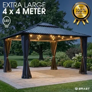 BRAST Pavillon Aluminium Miami | Größen 3x3m 3x4m 4x4m | viele Modelle | Hardtop mit Stahlach | wahlweise mit LEDs | Moskitonetz | Anthrazit | wasserdicht | UV-Schutz | 4x4m inkl. LEDs - Grau