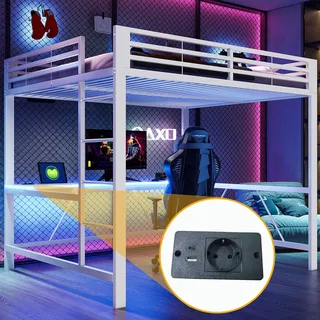 Merax Etagenbett 160x200 cm, Gaming-Metall-Hochbett mit LED-Beleuchtung, USB-Ladestation und Schreibtisch, Stockbett, Kinderbett, Jugendbett, Weiß - Weiß