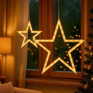 Ideen mit Herz LED-Stern-Rahmen | 2 Stück | warmweiß | Fenster-Deko | batteriebetrieben | inklusive Timer | 2 verschiedene Größen (Ø ca. 13 cm und ca. 21 cm)